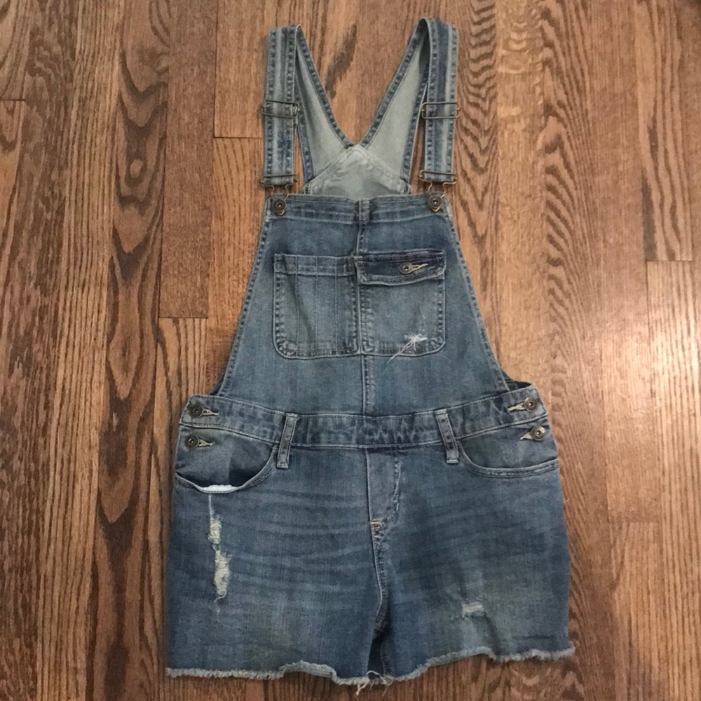 Distressed Denim Overall Shorts